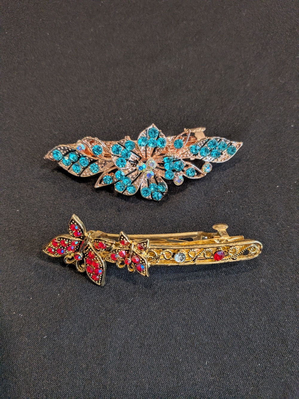 Vintage Elegant Blue 1990 and Red Crystal 2007Floral Hair Clips - Women Jewelry